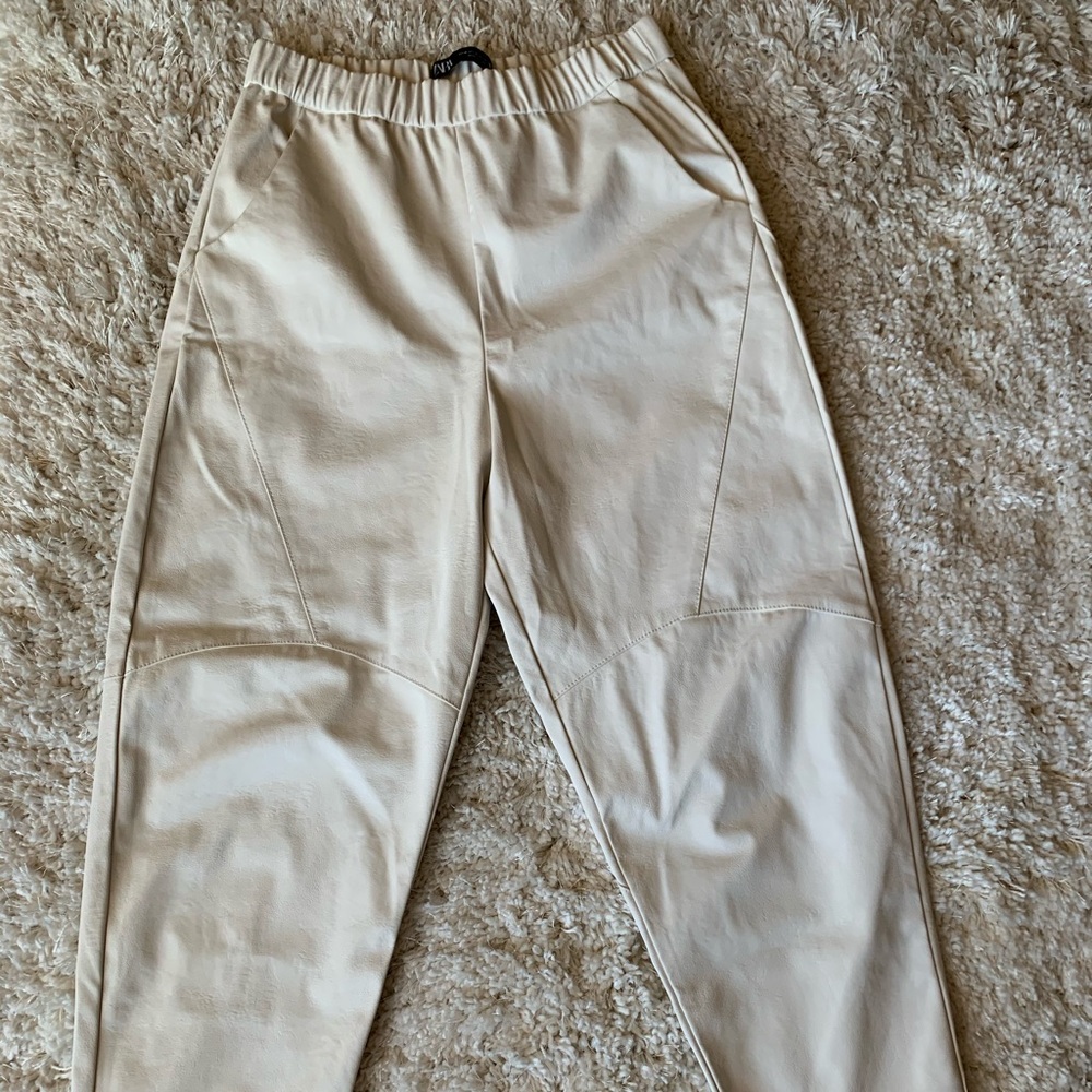 Zara Cream Leather Straight Leg Pant